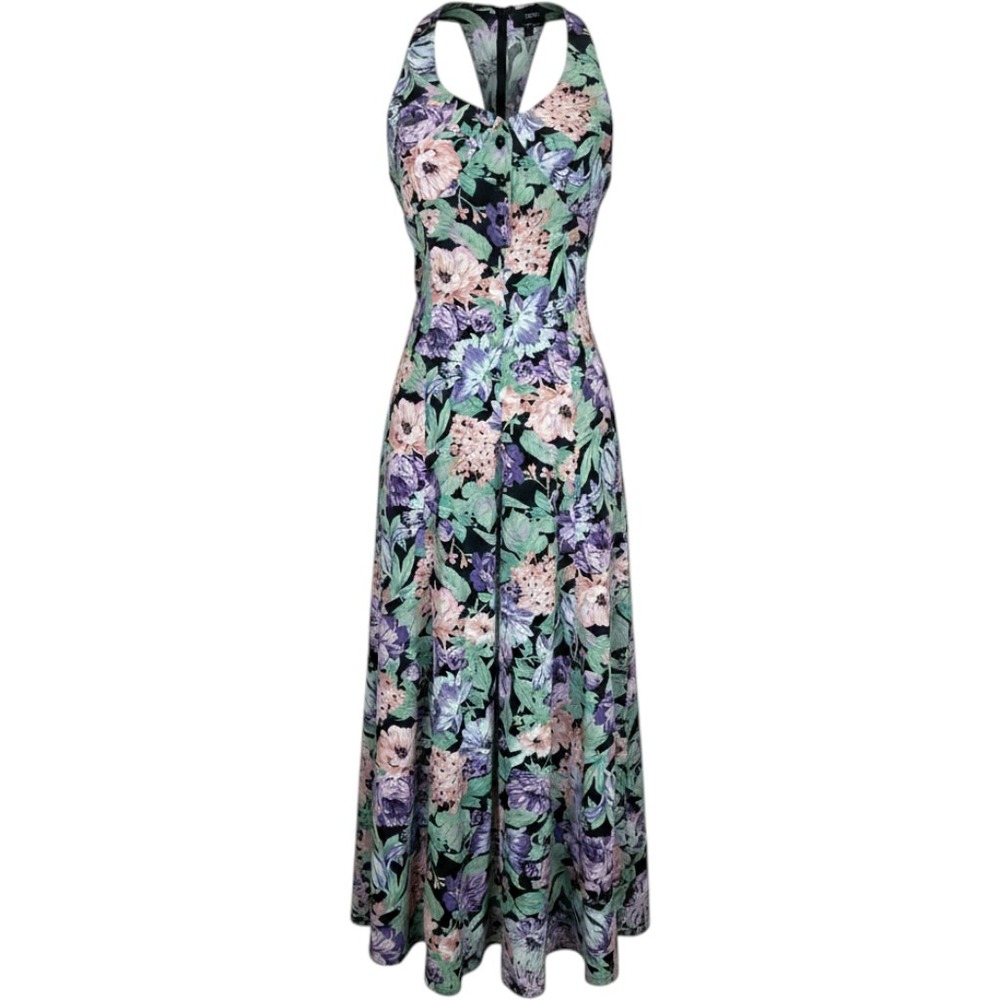 Vintage Floral Jersey Jumpsuit Palazzo Pant Wide Leg Elastic Back Black Purple